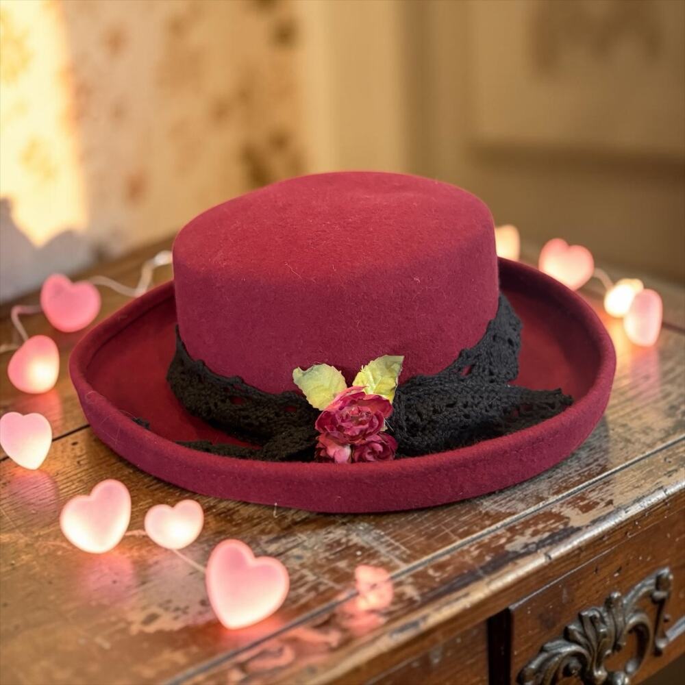 Burgundy Wool Boater Hat Romantic Rose Gothic Lace Vintage Derby Cloche